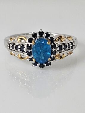 Neon Apatite & Blue Sapphire Ring Platinum, Sterling Silver Vermeil Size 8!